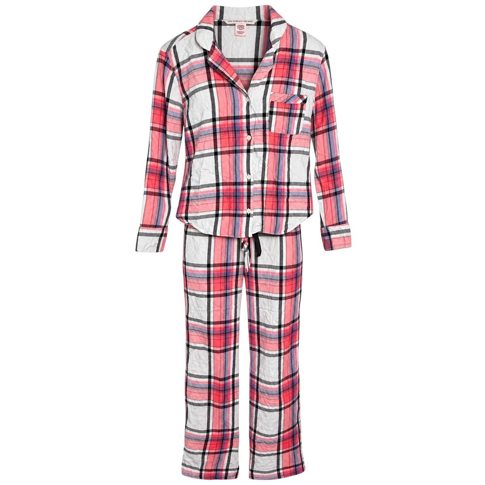 Victoria's Secret Pink White Plaid Pajama Set XS Long Sleeve Button Down Pants
